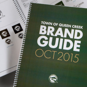 Cover and interior spread of brand standards manual for Town of Queen Creek